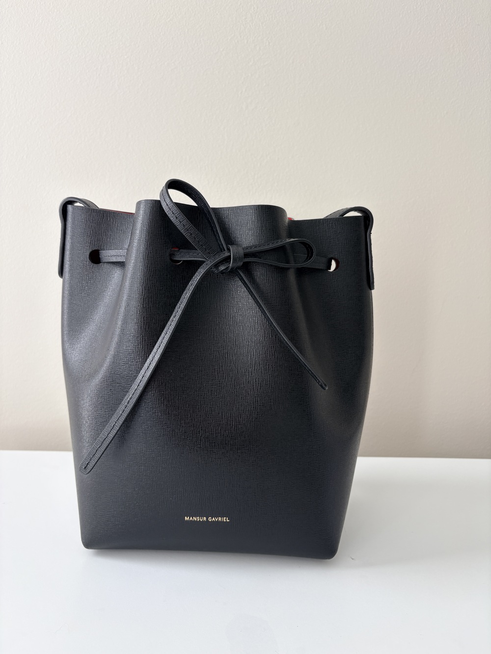 NWOT Mansur Gavriel Saffiano Mini Bucket Bag Black Flamma Red Crossbody